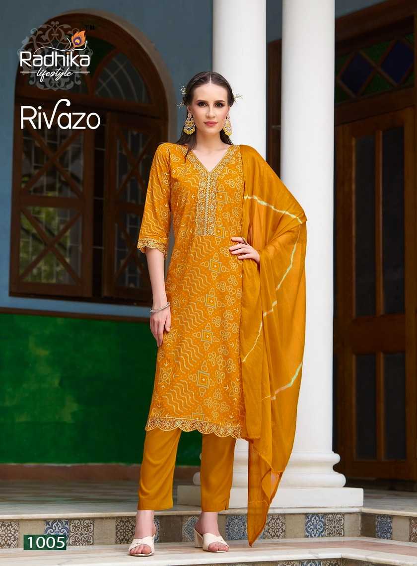 rivazo vol 1 by radhika embroidery work full stitch pretty look big size 3pcs dress