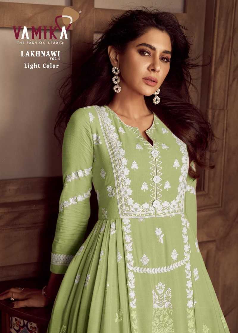 lakhnavi vol 4 light color by vamika rayon white thread full stitch party wear 3pcs dress