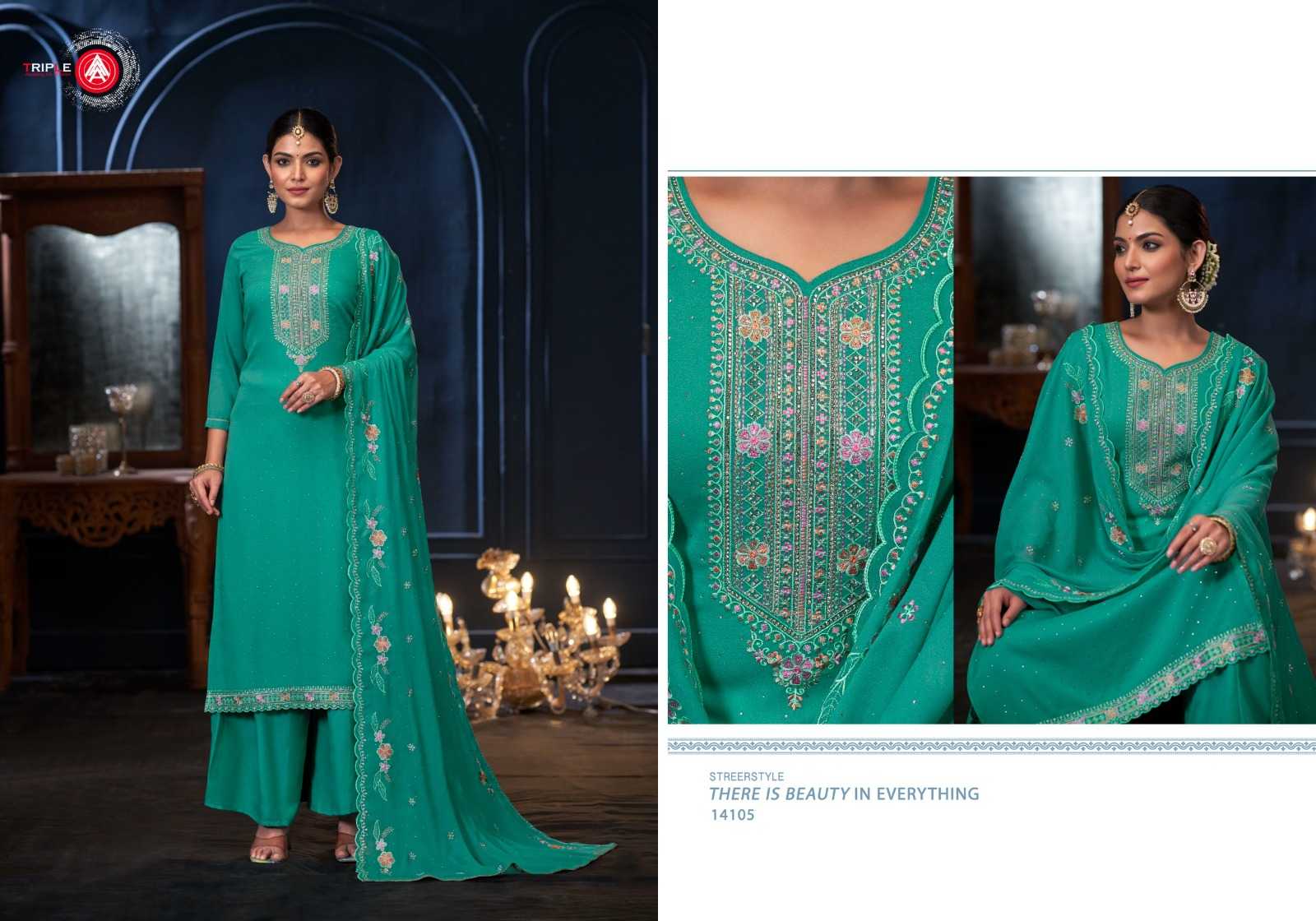 mereey by triple a jarkan work georgette 3pcs suits for ladies