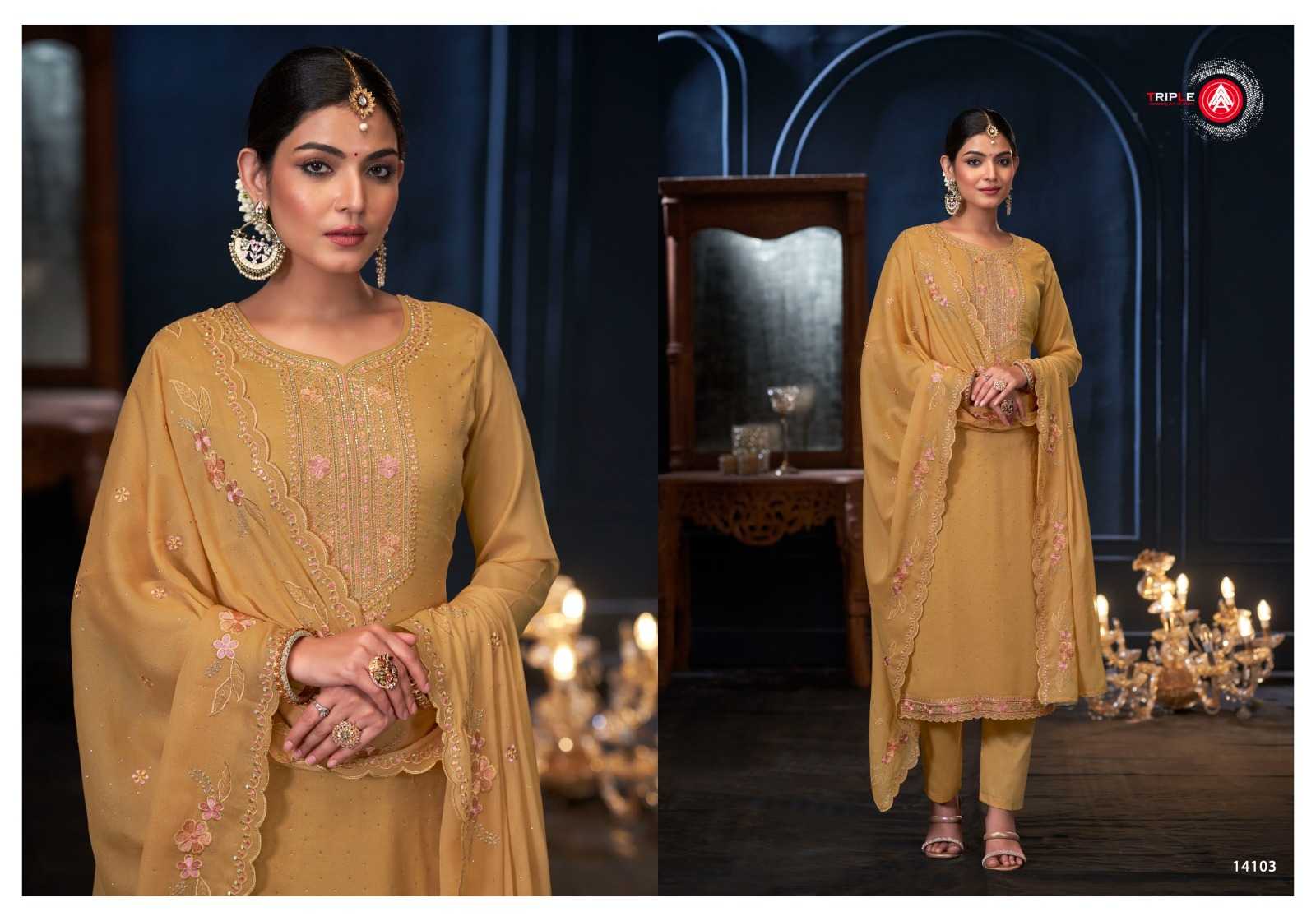 mereey by triple a jarkan work georgette 3pcs suits for ladies