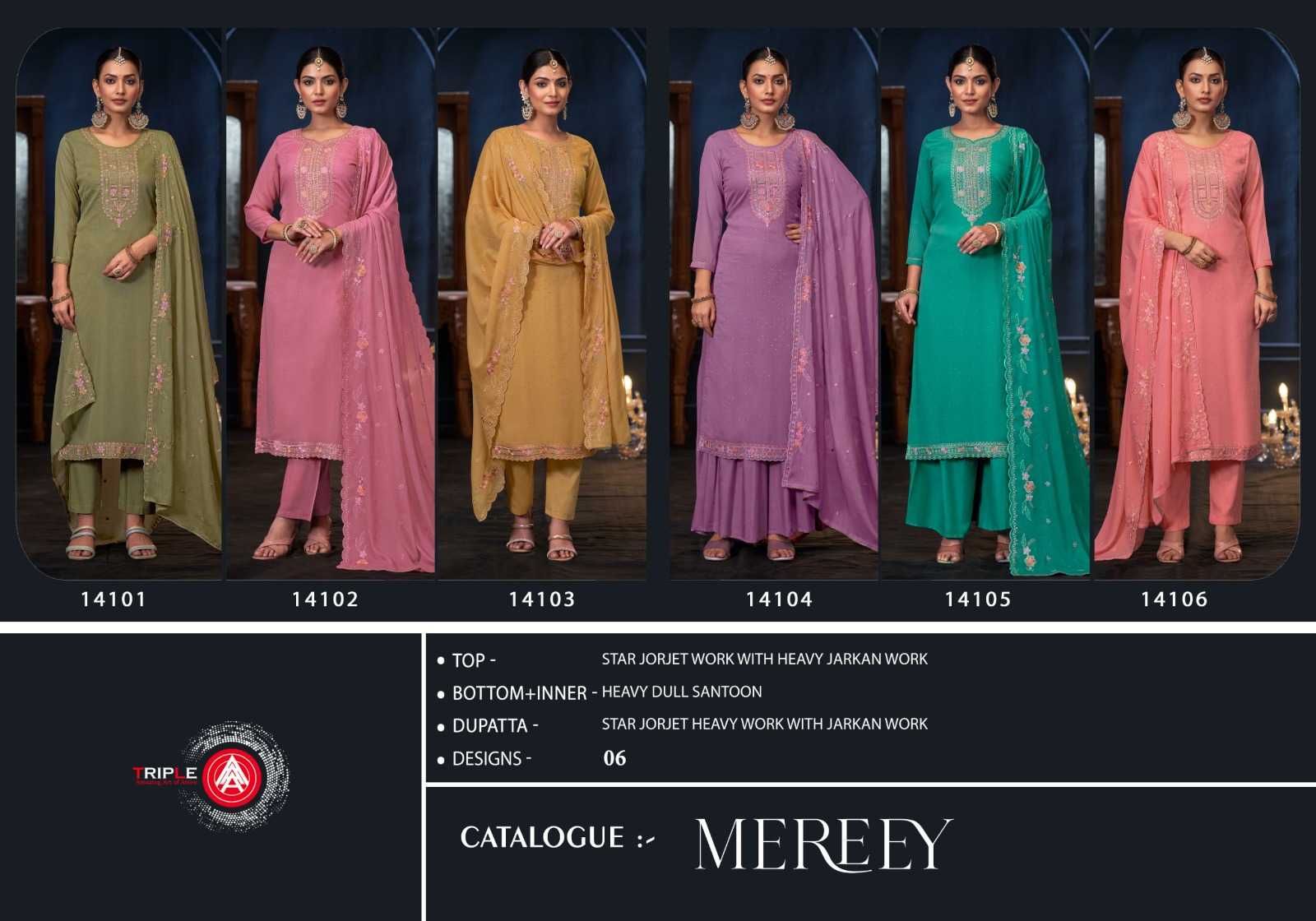 mereey by triple a jarkan work georgette 3pcs suits for ladies