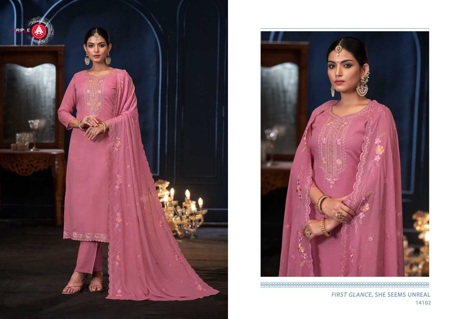 mereey by triple a jarkan work georgette 3pcs suits for ladies