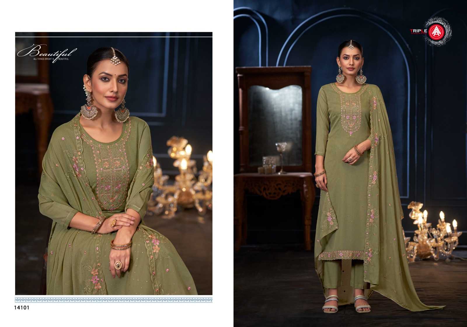 mereey by triple a jarkan work georgette 3pcs suits for ladies