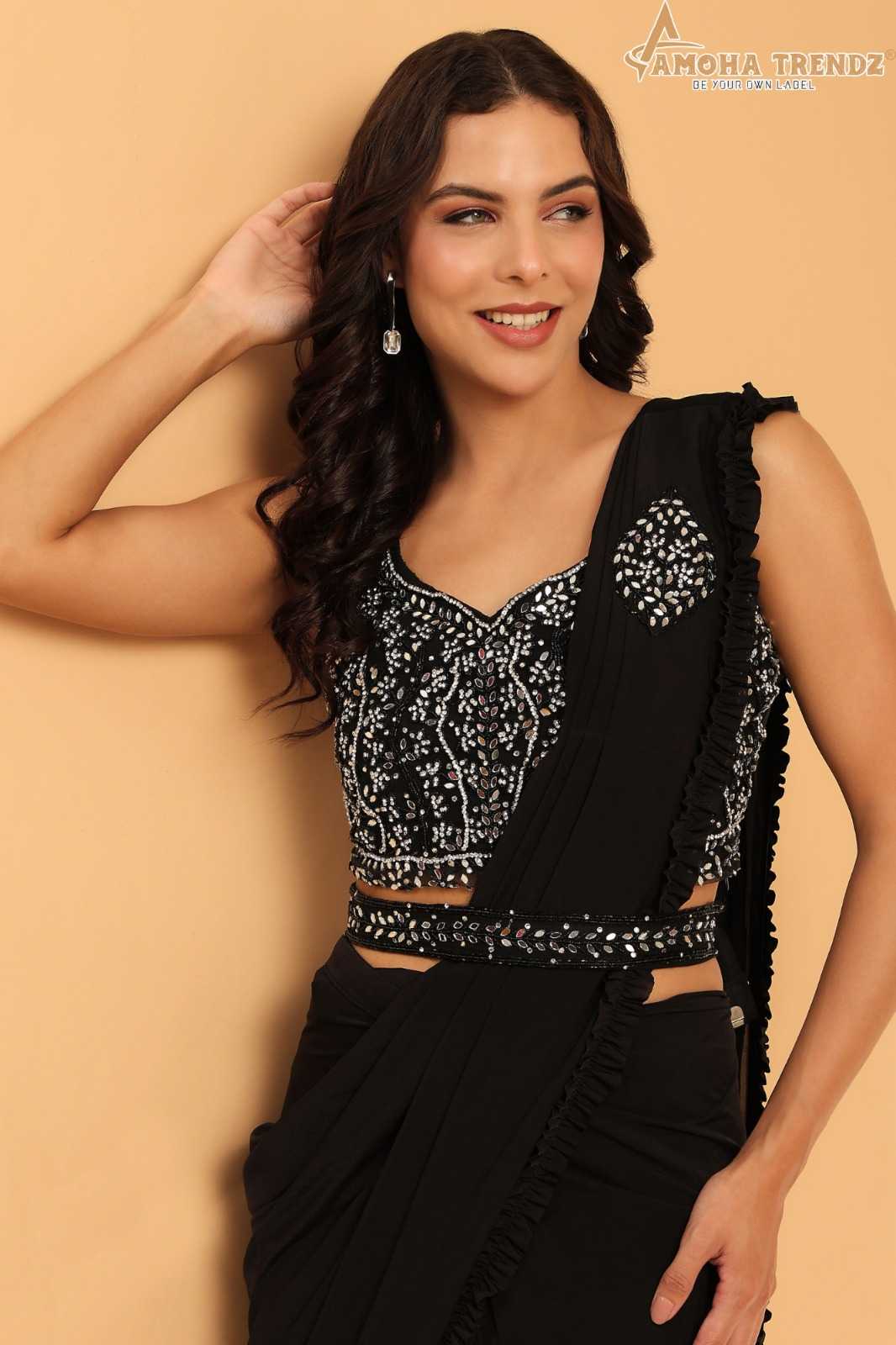 pr 102104 hand embroidered with mirror work party wear one minute saree