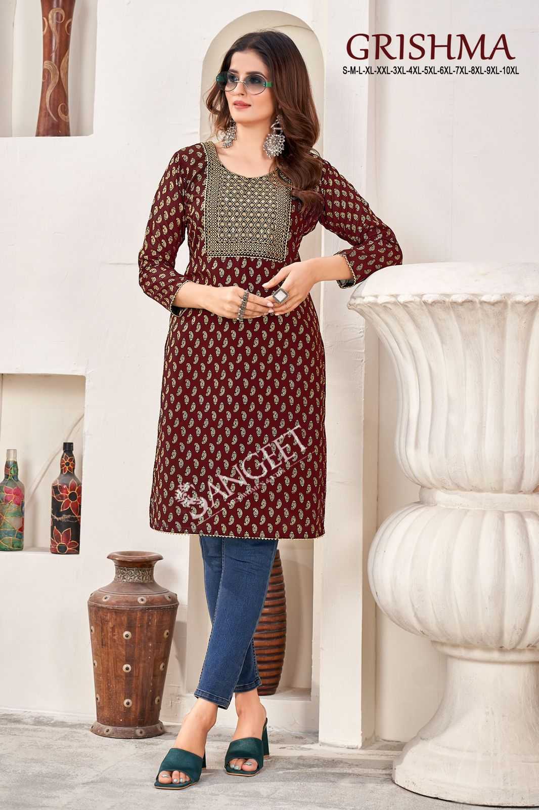 pr girishma georgette foil gold print daily wear full stitch plush size kurti