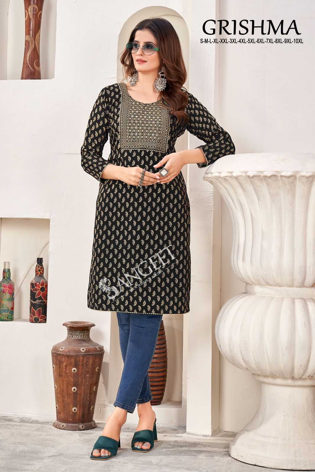 pr girishma georgette foil gold print daily wear full stitch plush size kurti