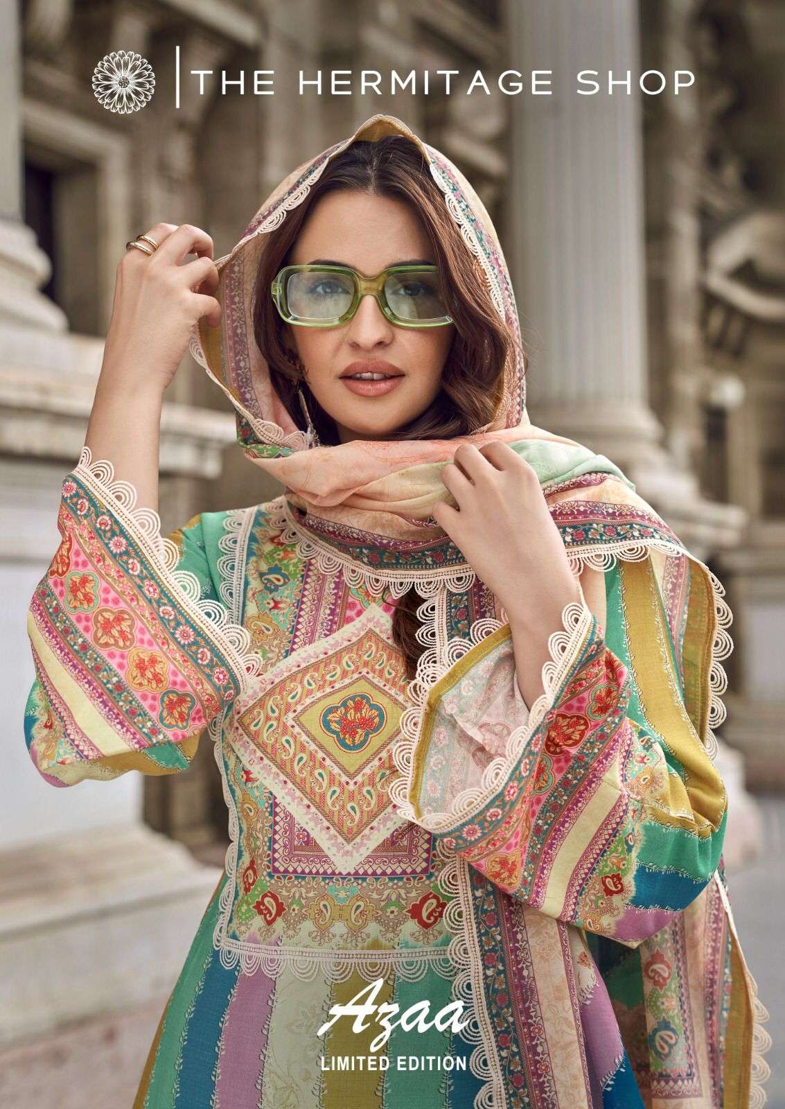 azaa by the hermitage classic look printed 3pcs dress material