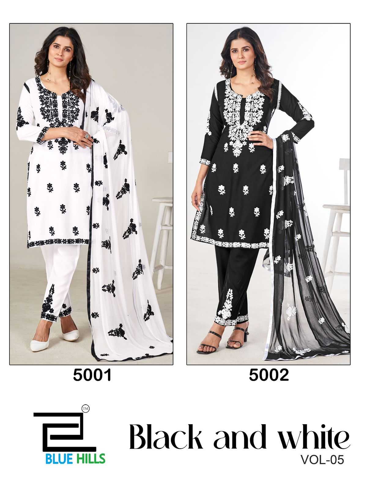 blue hills black and white vol 5 rayon thread work fully stitch plus size ladies suit 