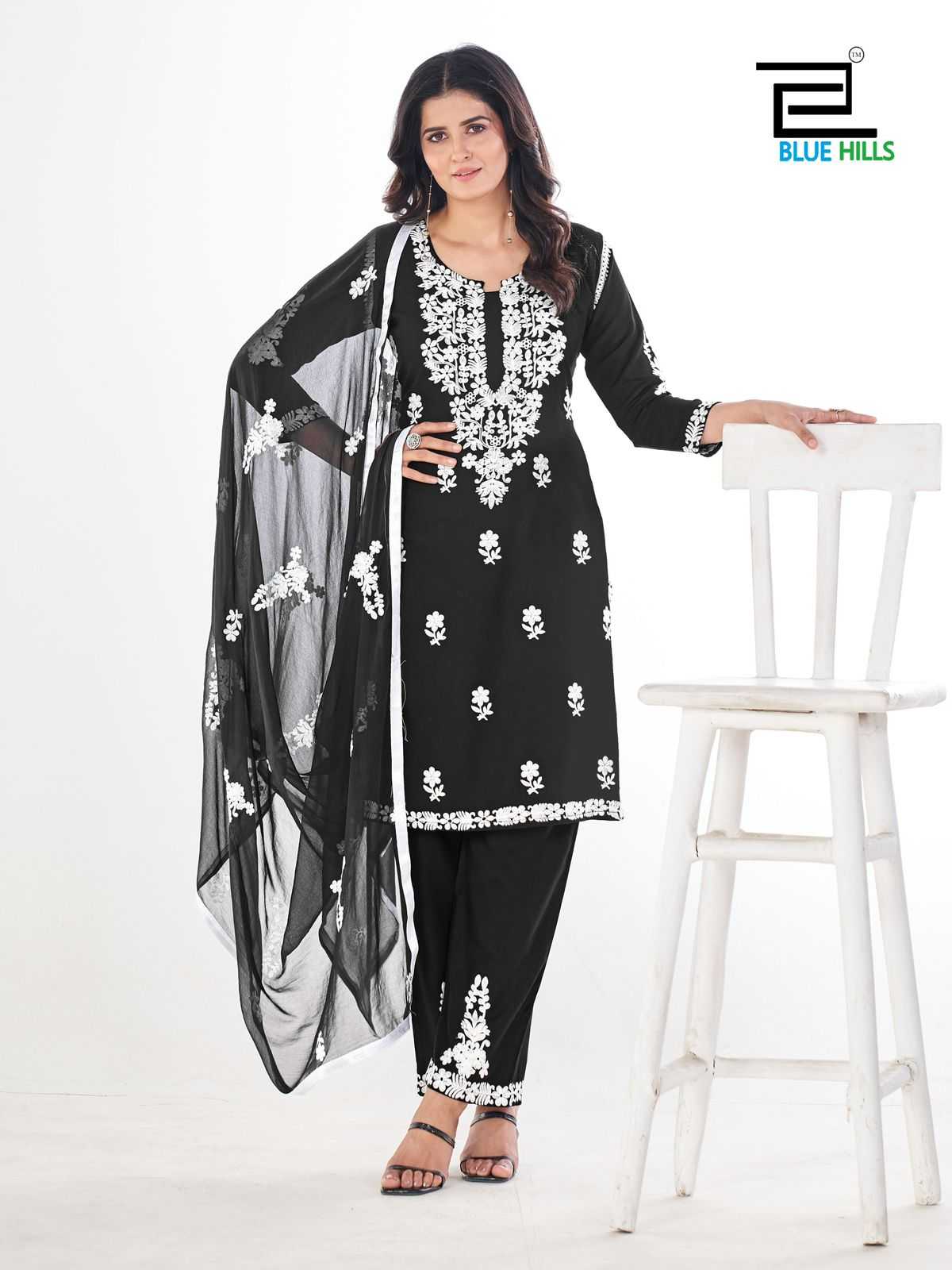 blue hills black and white vol 5 rayon thread work fully stitch plus size ladies suit 