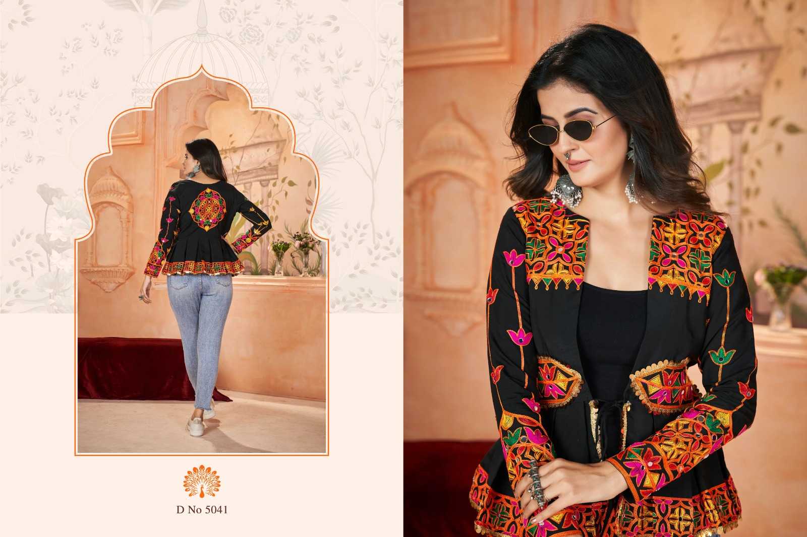 flory vol 48 by shubhkala fancy embroidered work full stitch navratri short kurti 