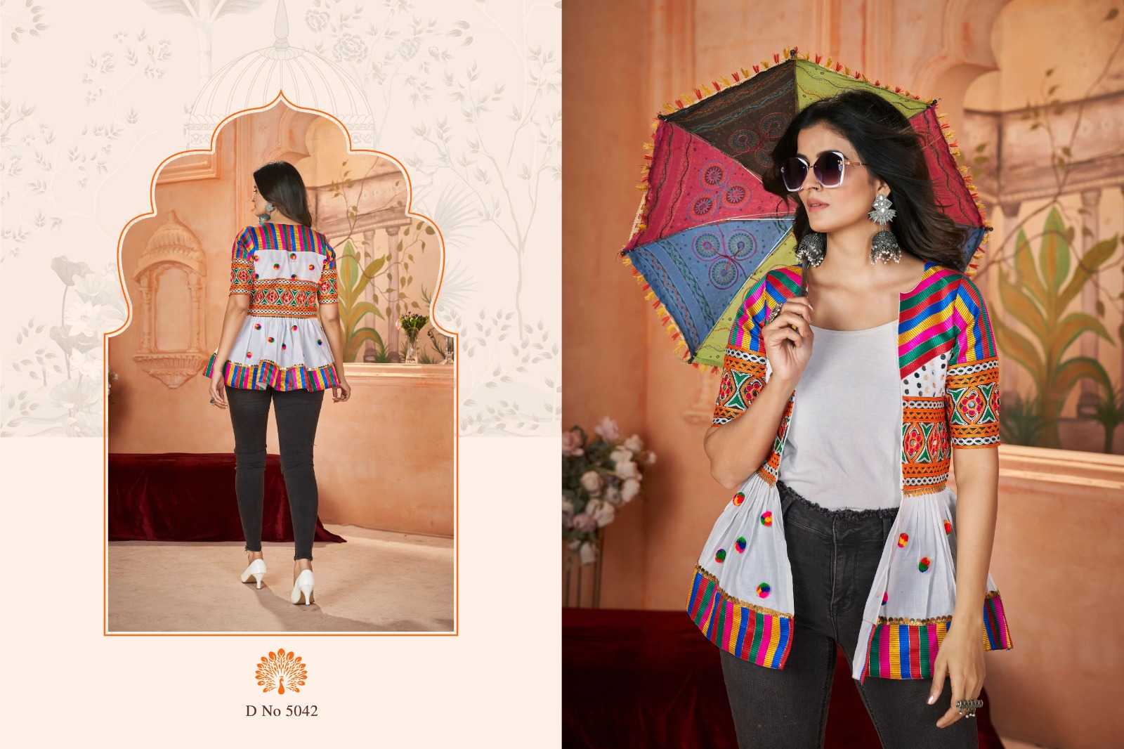 flory vol 48 by shubhkala fancy embroidered work full stitch navratri short kurti 