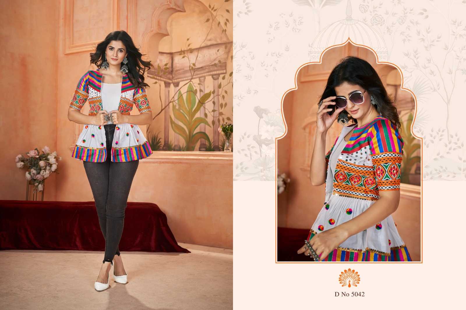 flory vol 48 by shubhkala fancy embroidered work full stitch navratri short kurti 