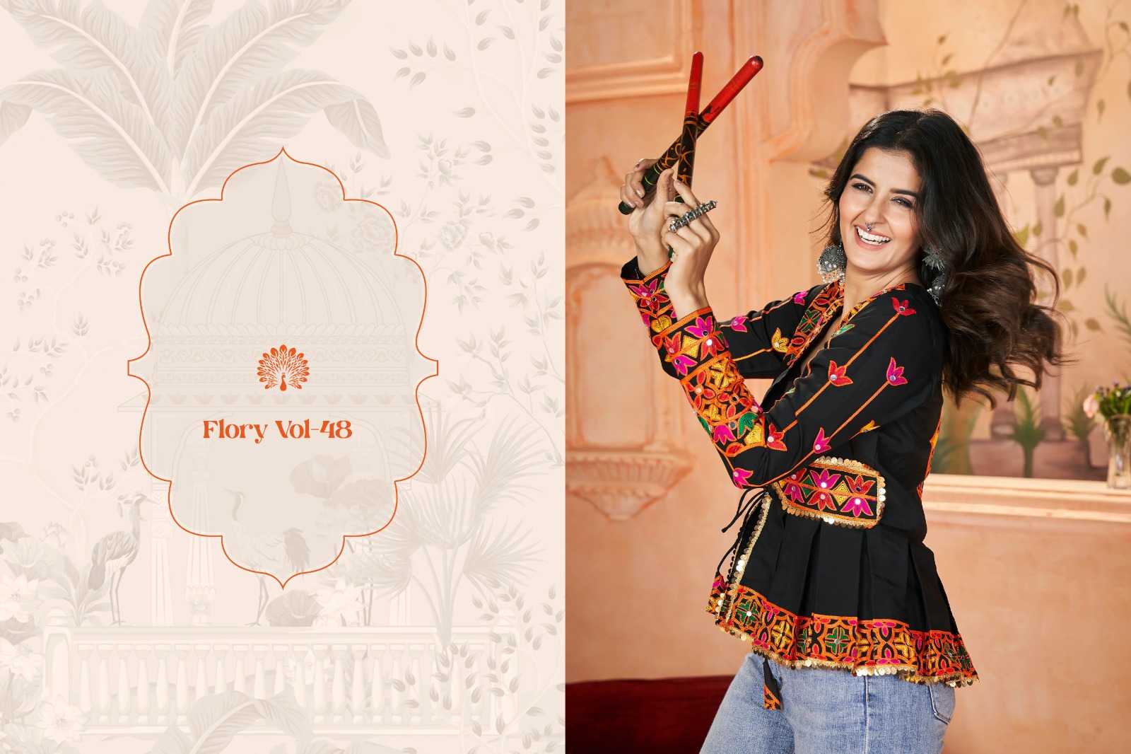 flory vol 48 by shubhkala fancy embroidered work full stitch navratri short kurti 