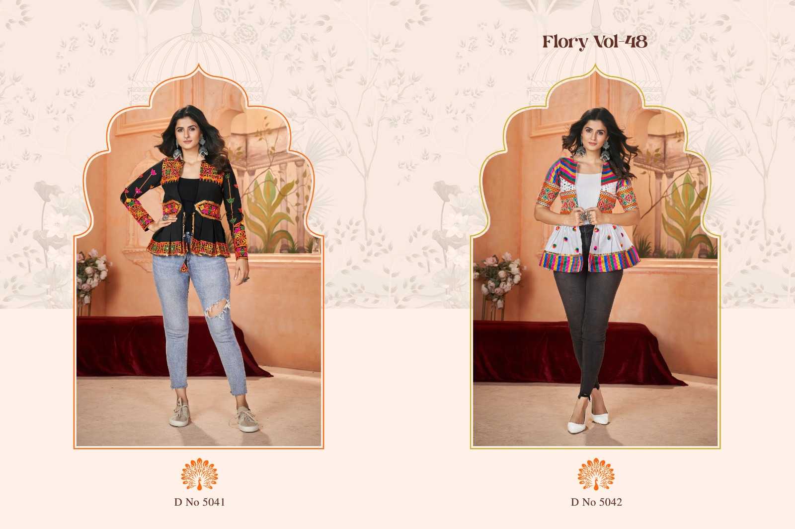 flory vol 48 by shubhkala fancy embroidered work full stitch navratri short kurti 