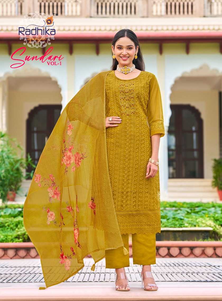 sundari vol 1 by radhika lifestyle organza handwork full stitch big size suit 