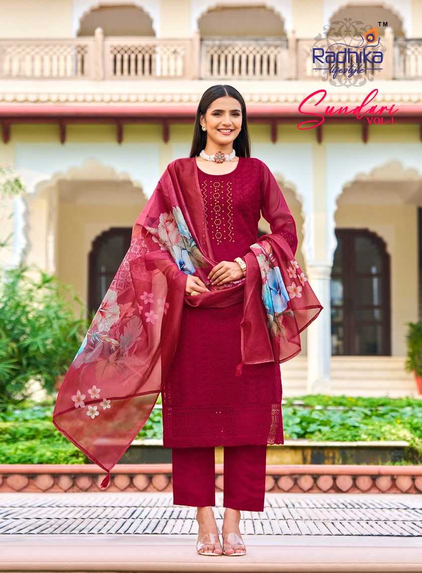 sundari vol 1 by radhika lifestyle organza handwork full stitch big size suit 