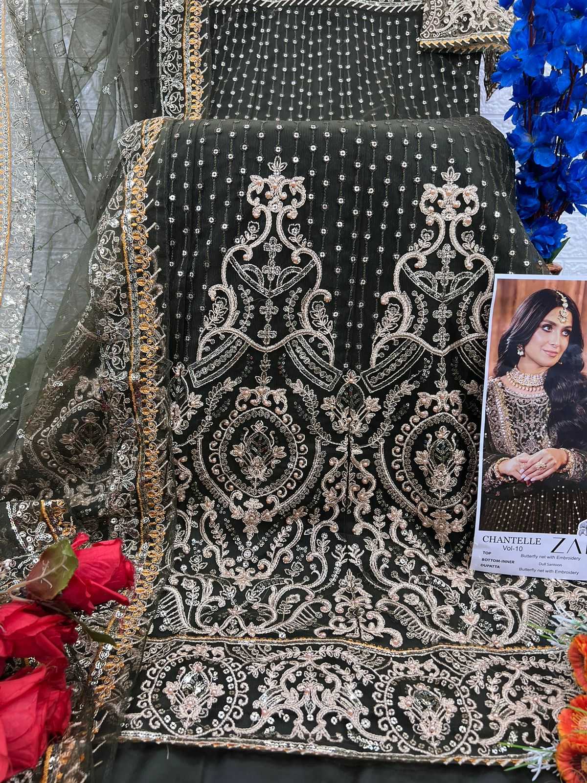 zaha chantelle vol 10 readymade moti work designer big size pakistani 3pcs dress