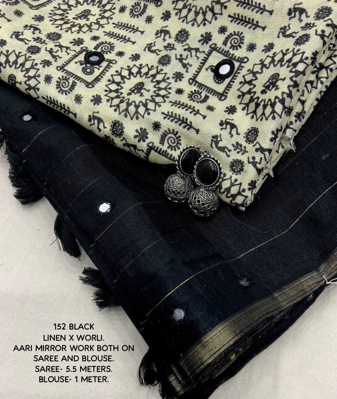 pr kc 153 linen worli printed mirror work chex saree