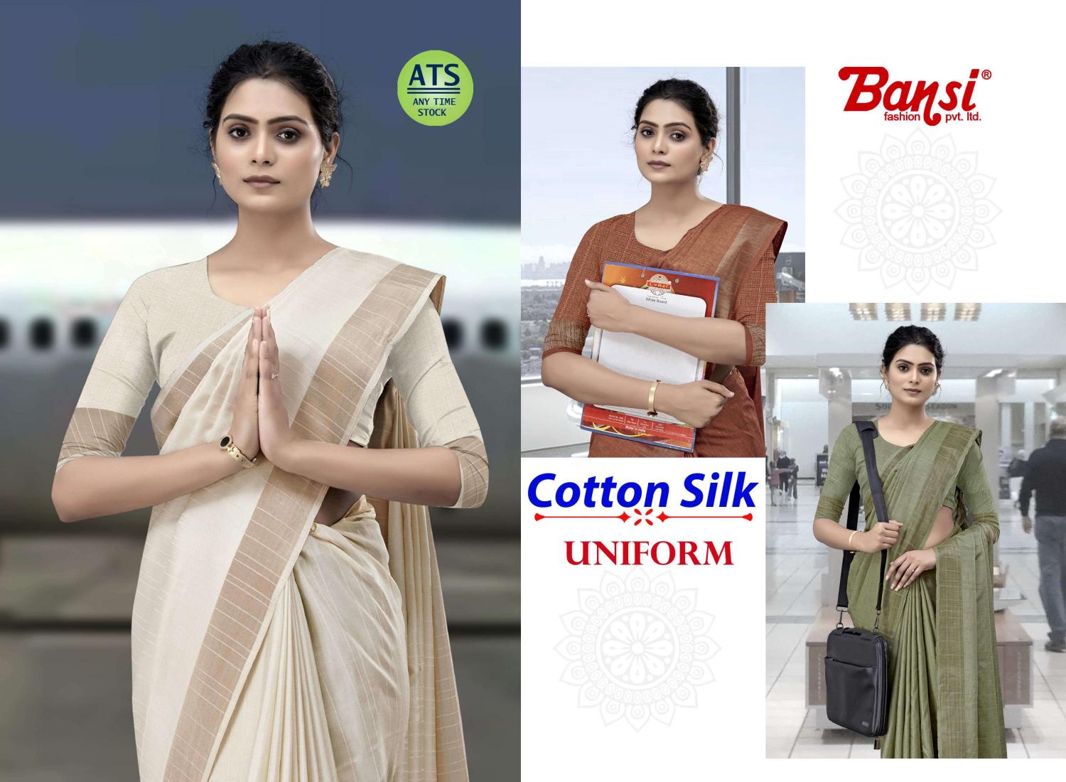 bansi launch cotton silk shop trendy uniform sarees at affordable prices