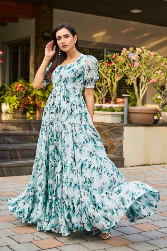 pr lotus flare multilayer georgette readymade shop trendy gown online