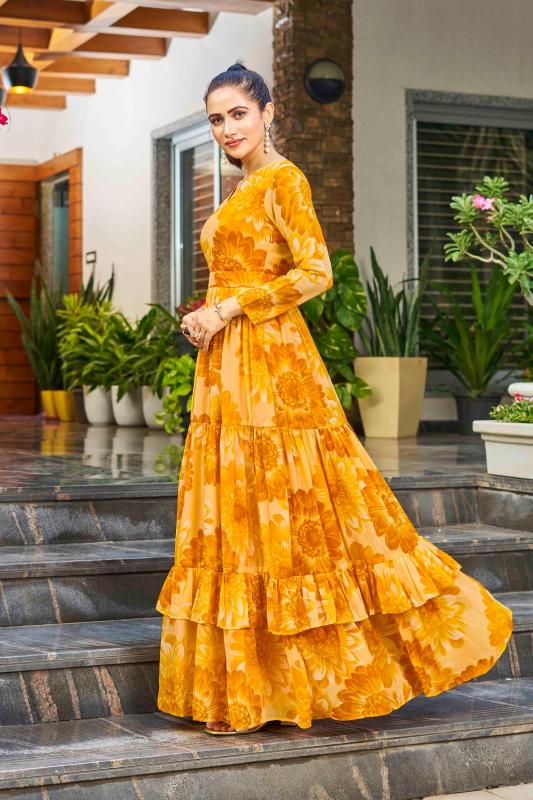 pr lotus flare multilayer georgette readymade shop trendy gown online