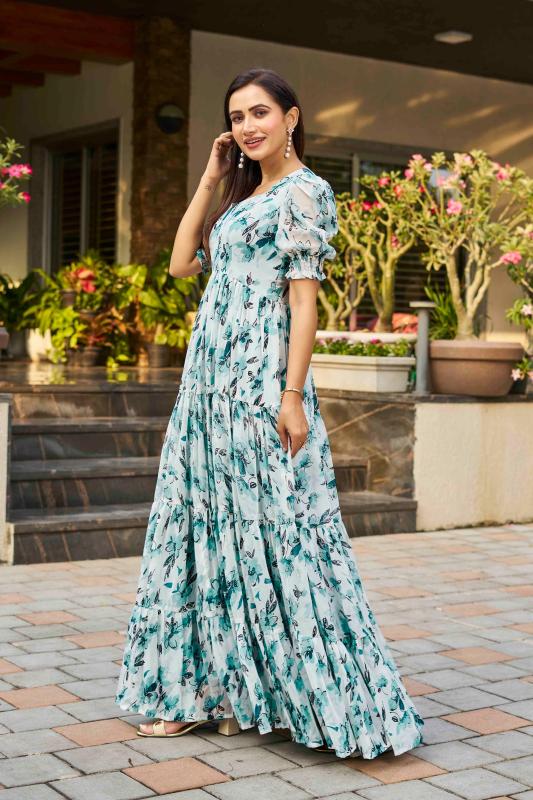 pr lotus flare multilayer georgette readymade shop trendy gown online