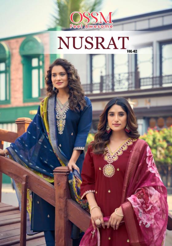 ossm nusrat vol 2 viscose roman silk readymade big size classic suit for ladies 