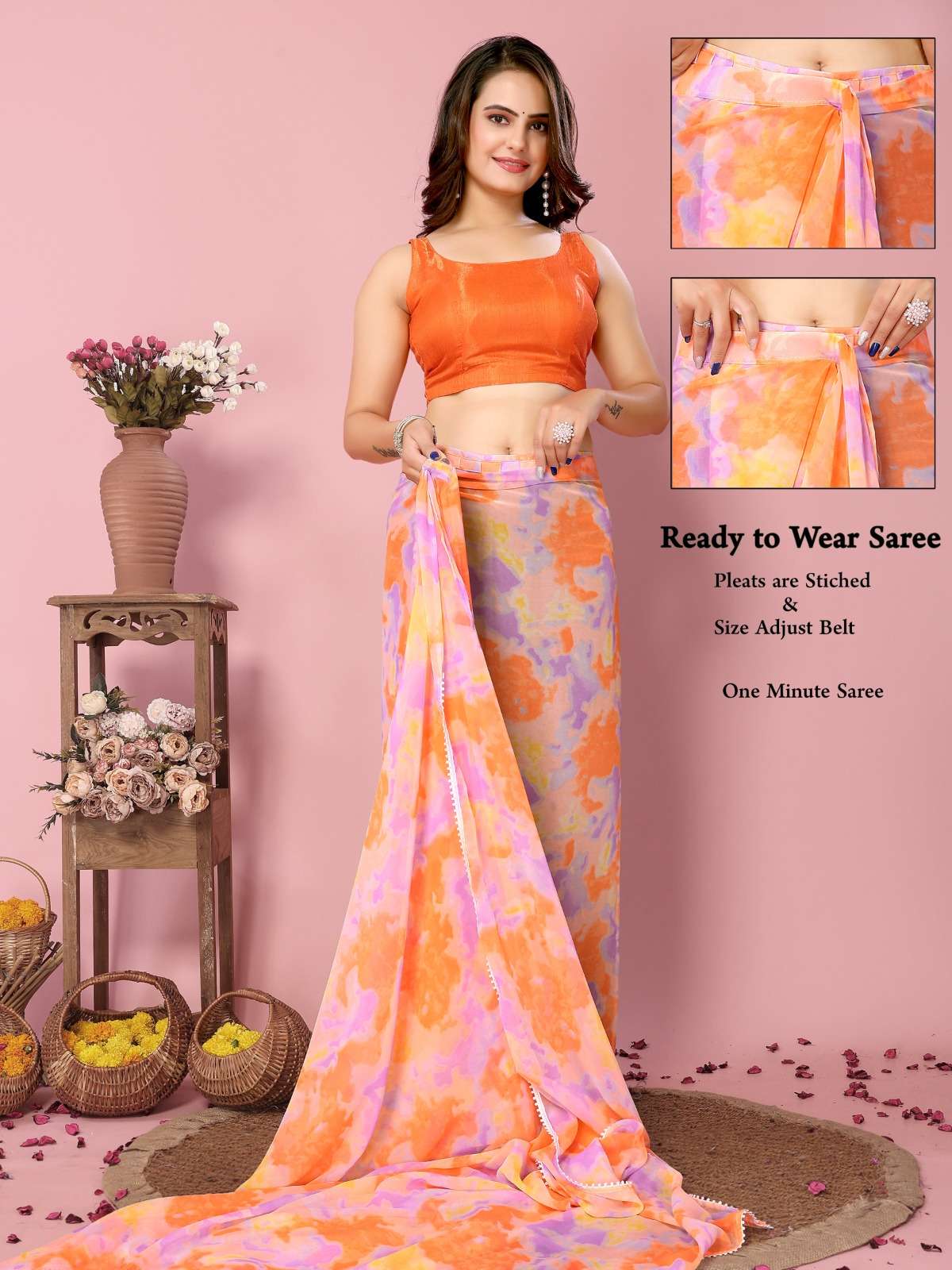 pr rakul vol 2 soft georgette casual pleats are stitch size adjust belt ready to wear saree
