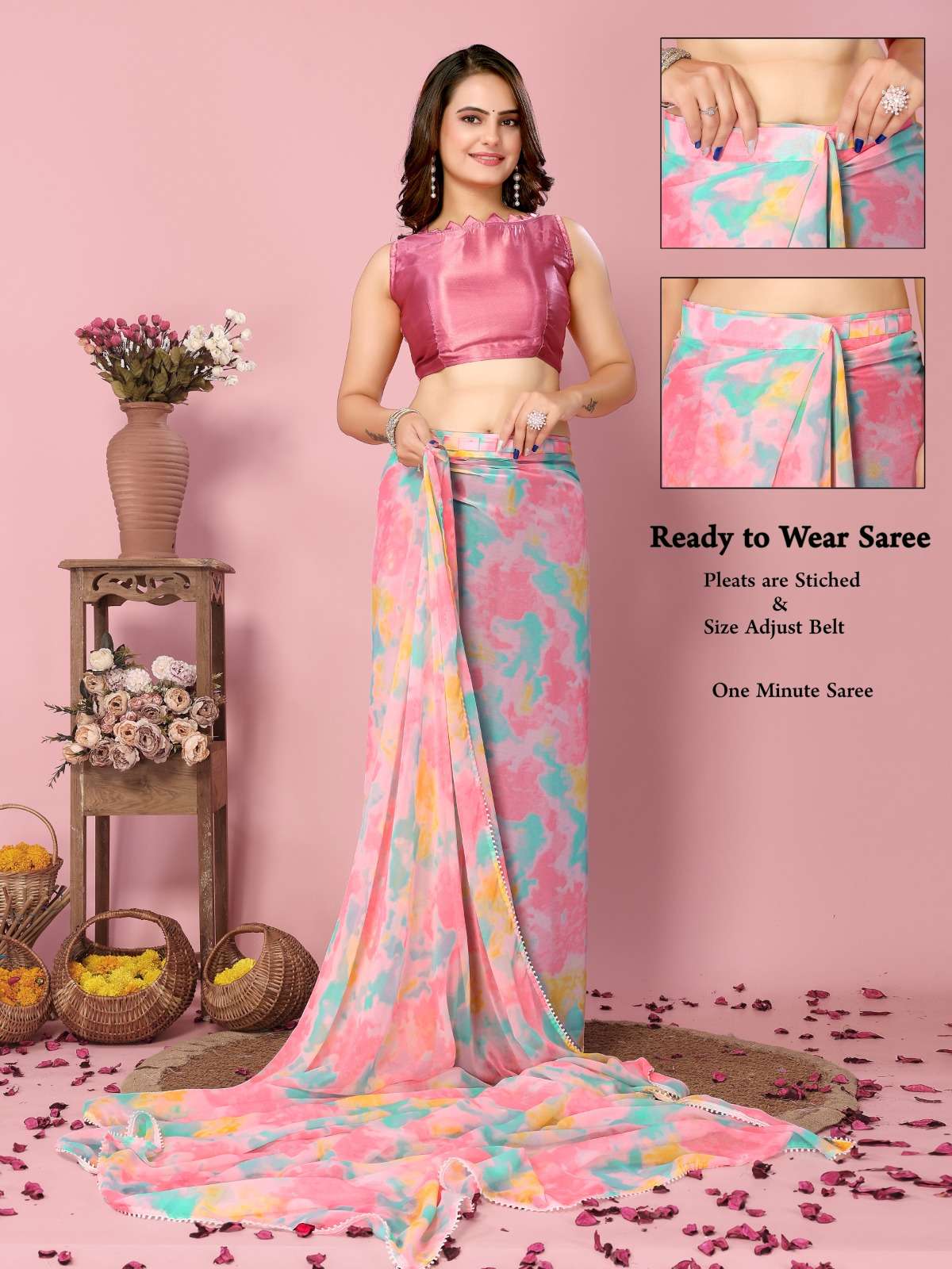 pr rakul vol 2 soft georgette casual pleats are stitch size adjust belt ready to wear saree