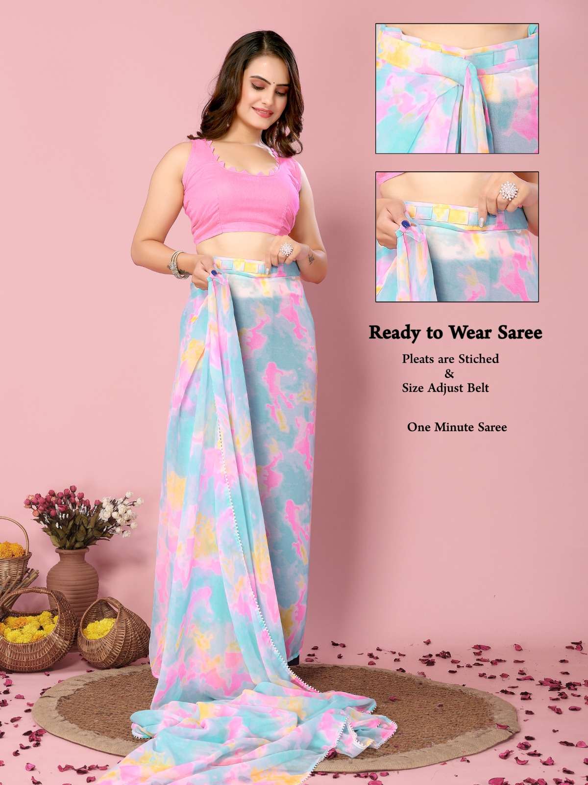 pr rakul vol 2 soft georgette casual pleats are stitch size adjust belt ready to wear saree