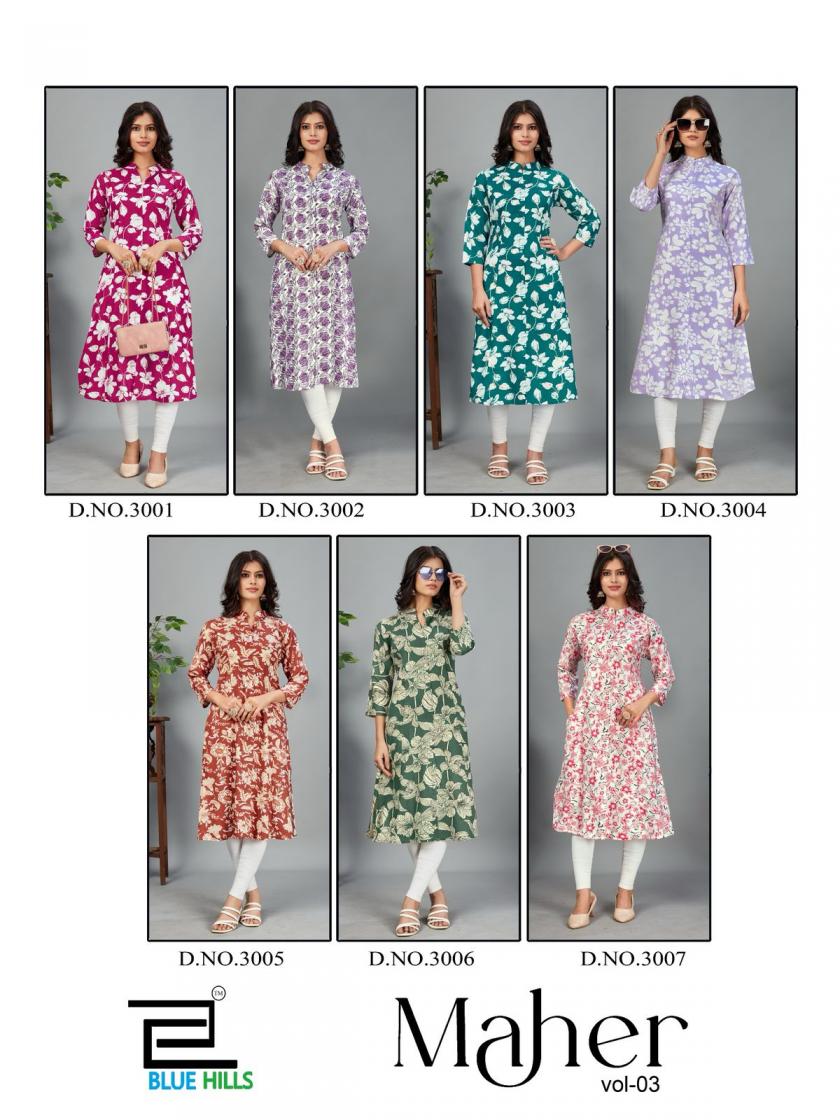 maher vol 3 by blue hills rayon readymade big size long kurti exports 