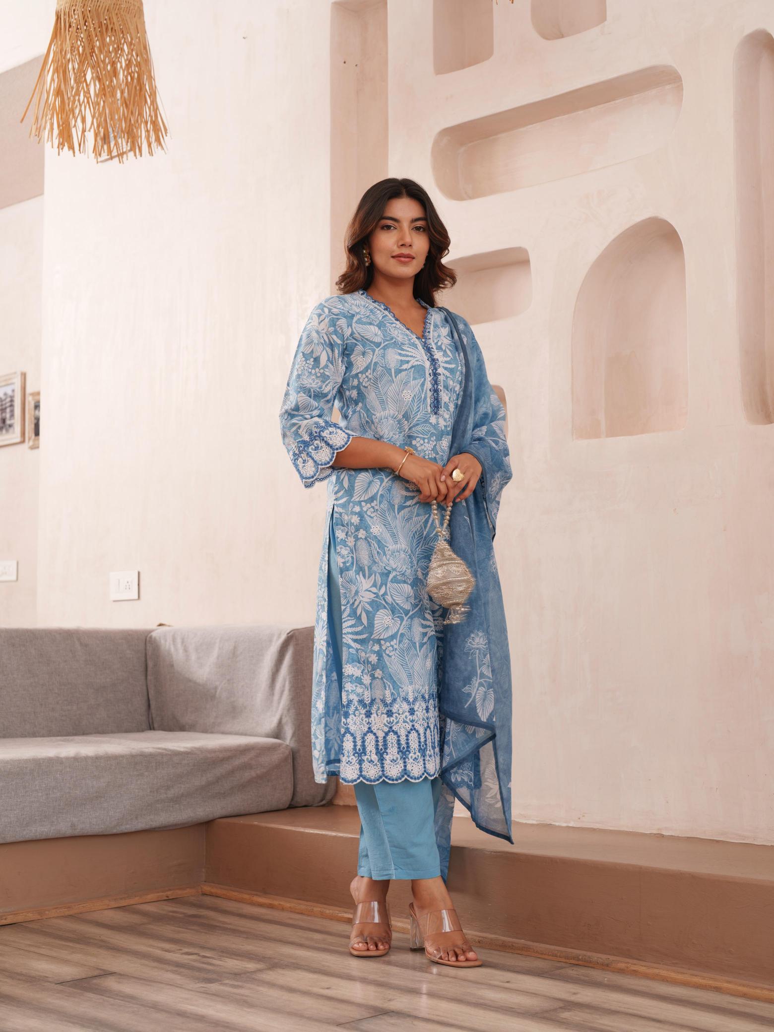 psyna linen shifley embroidery blue color readymade suit 