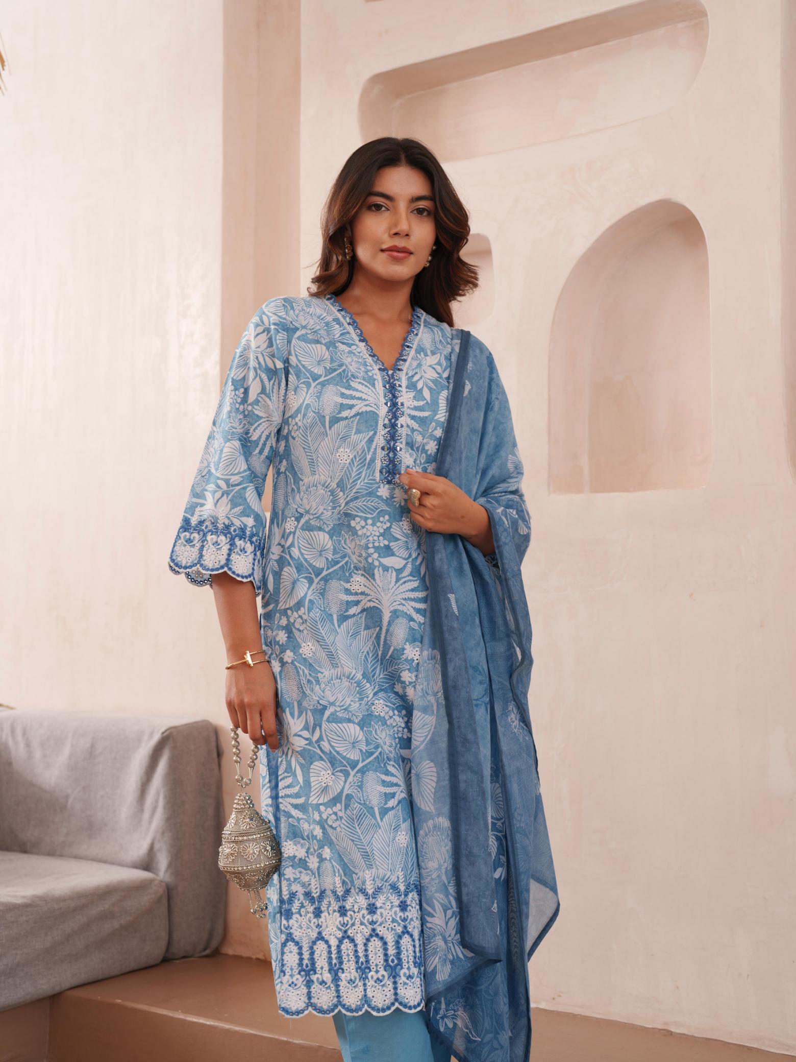 psyna linen shifley embroidery blue color readymade suit 