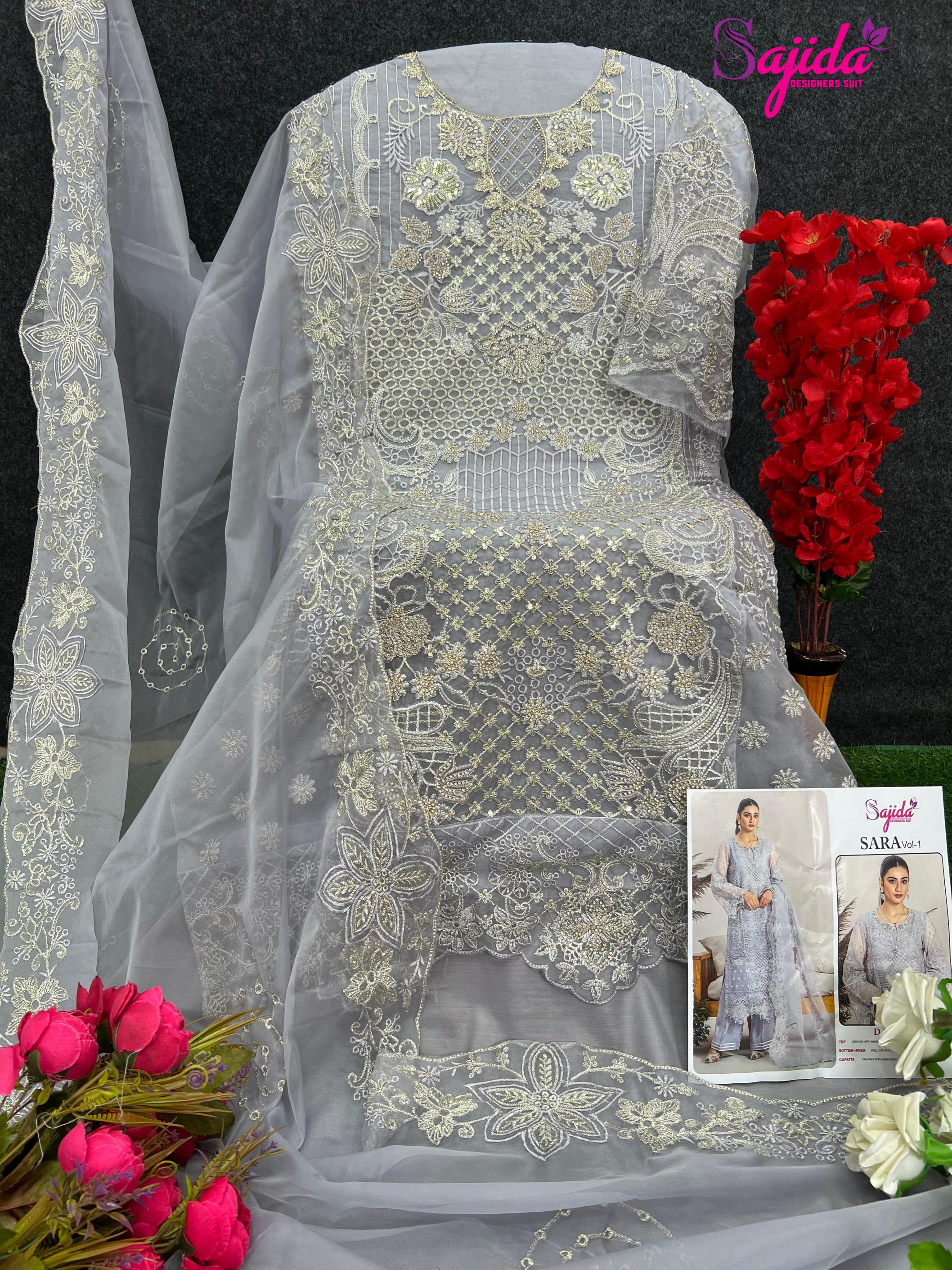 sara vol 1 by sajida designer 1047 readymade big size organza embroidered pakistani suits 
