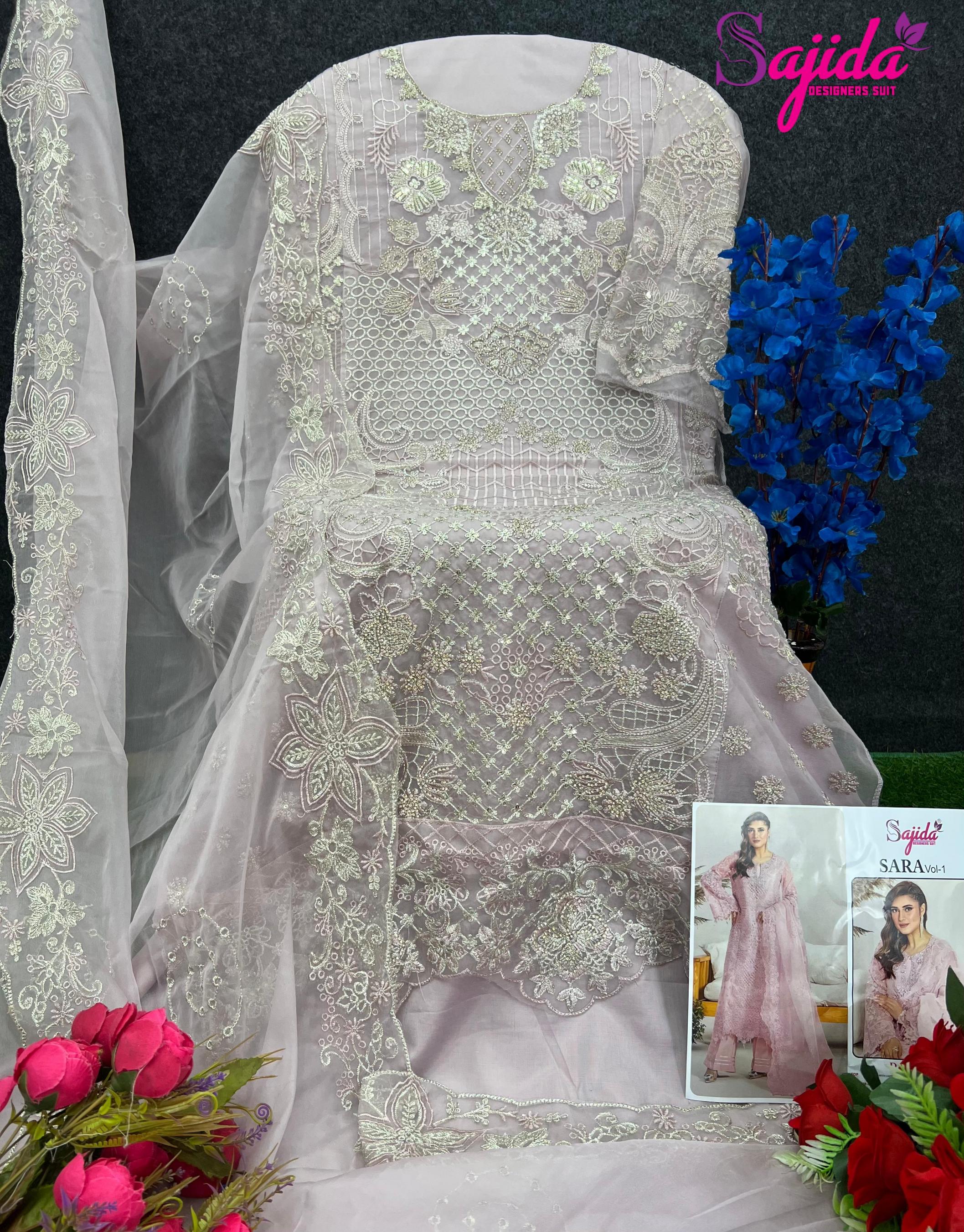 sara vol 1 by sajida designer 1047 readymade big size organza embroidered pakistani suits 