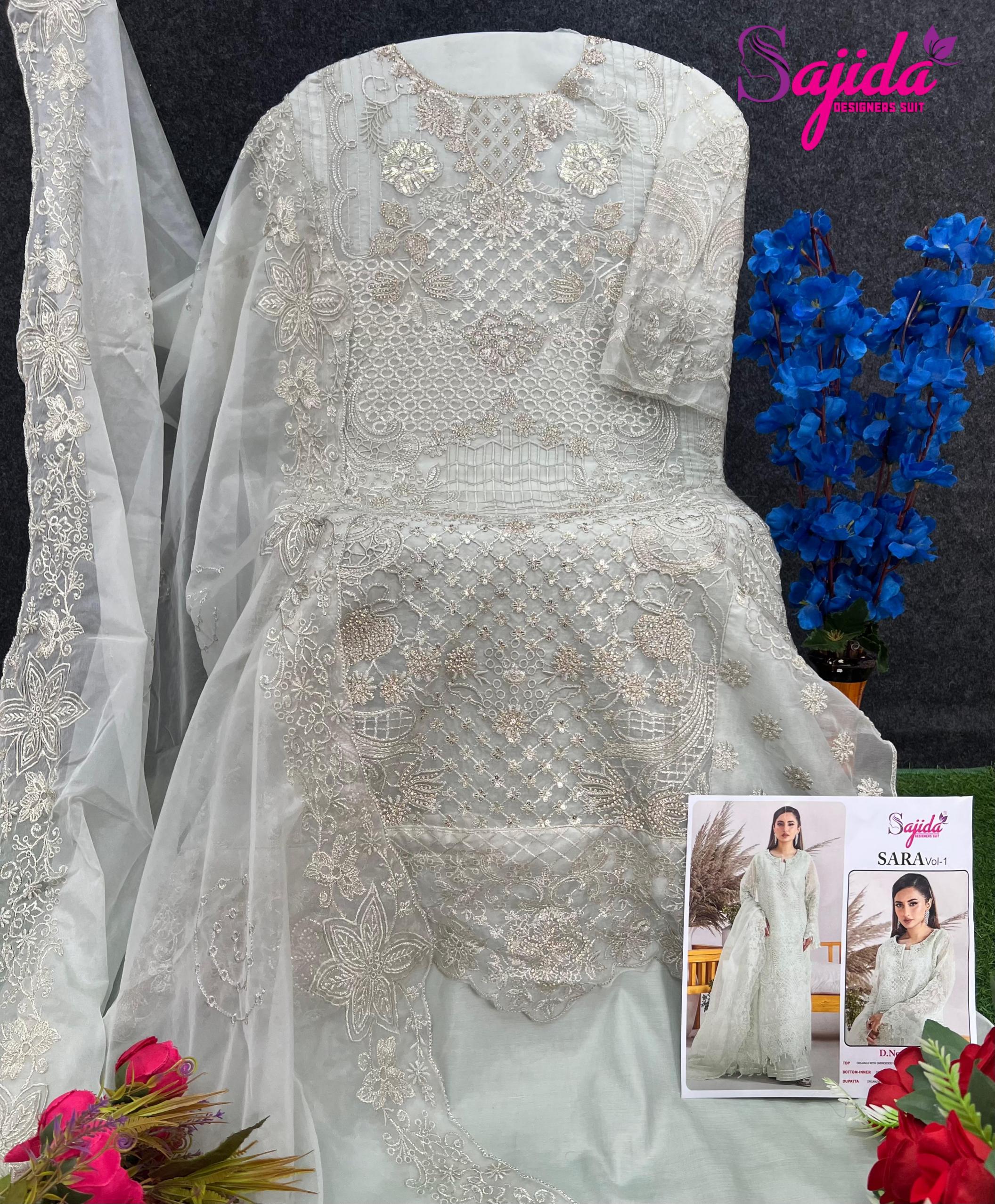 sara vol 1 by sajida designer 1047 readymade big size organza embroidered pakistani suits 