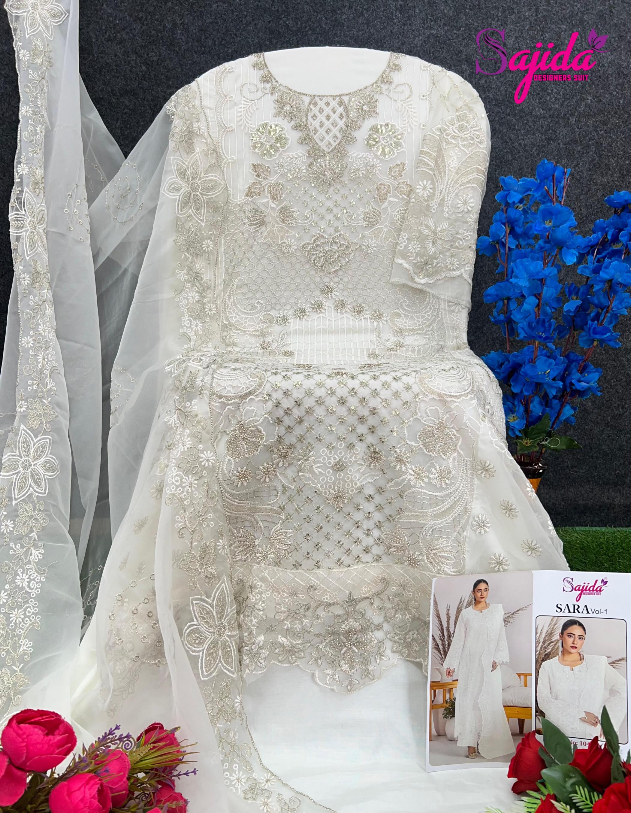 sara vol 1 by sajida designer 1047 readymade big size organza embroidered pakistani suits 