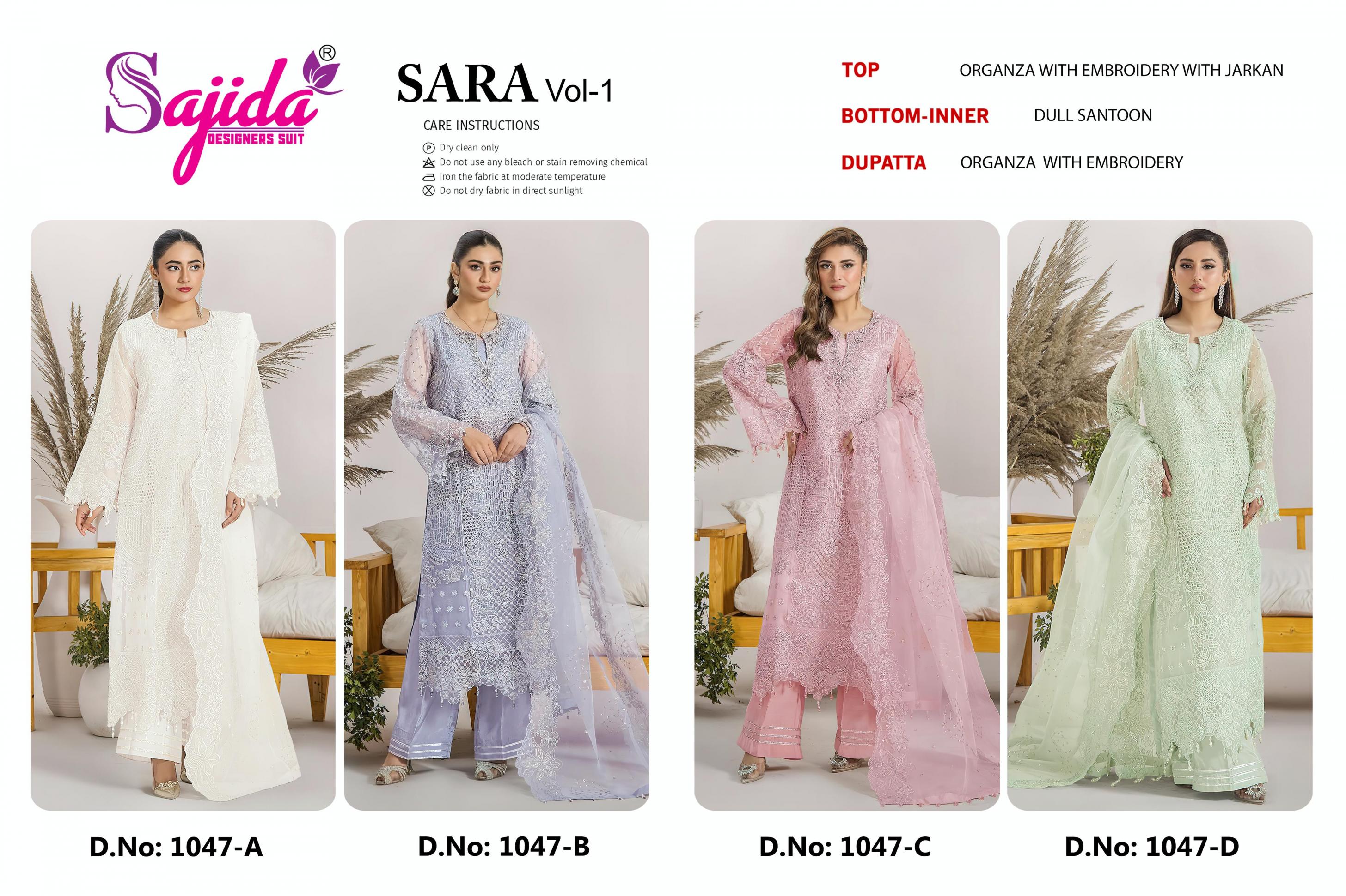 sara vol 1 by sajida designer 1047 readymade big size organza embroidered pakistani suits 