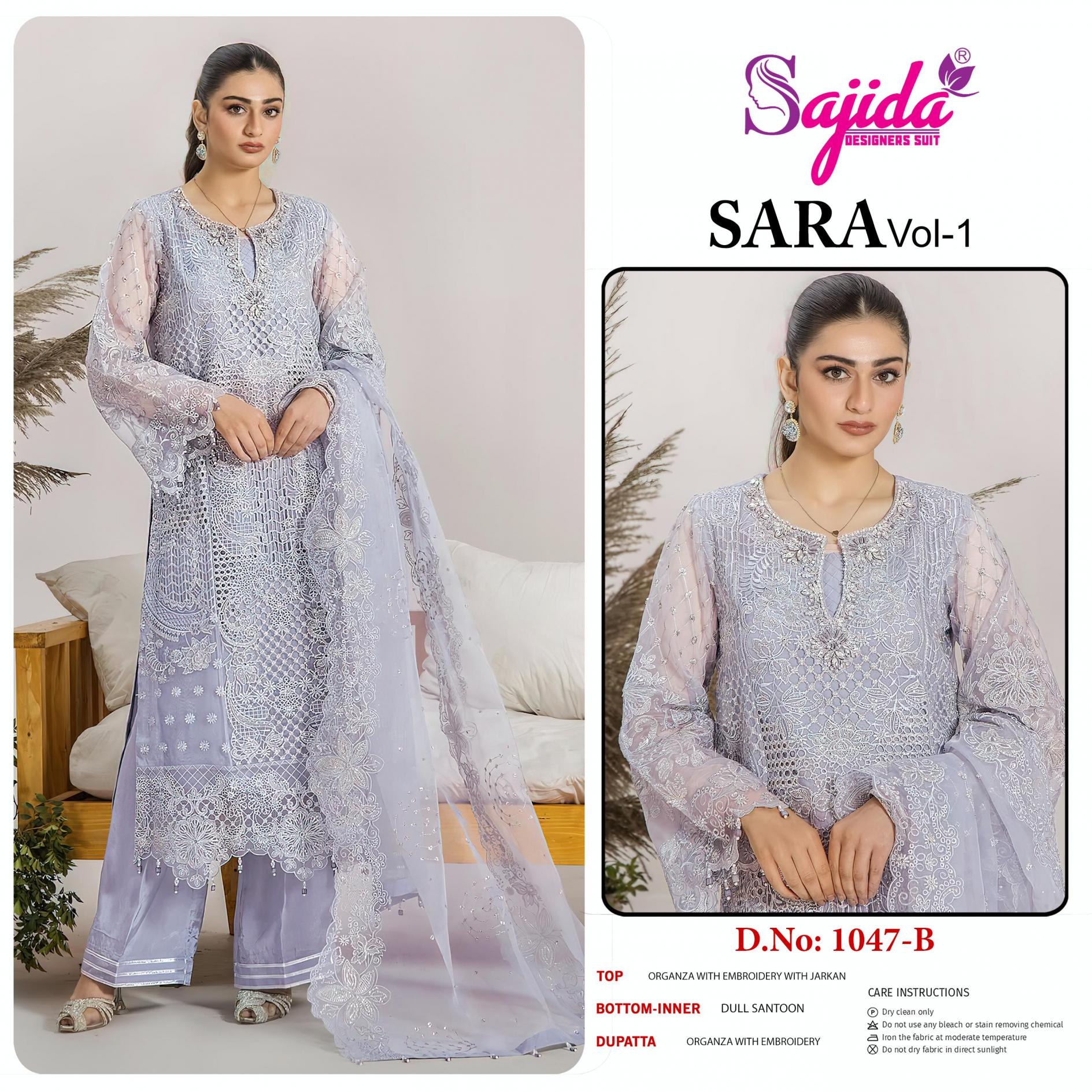 sara vol 1 by sajida designer 1047 readymade big size organza embroidered pakistani suits 