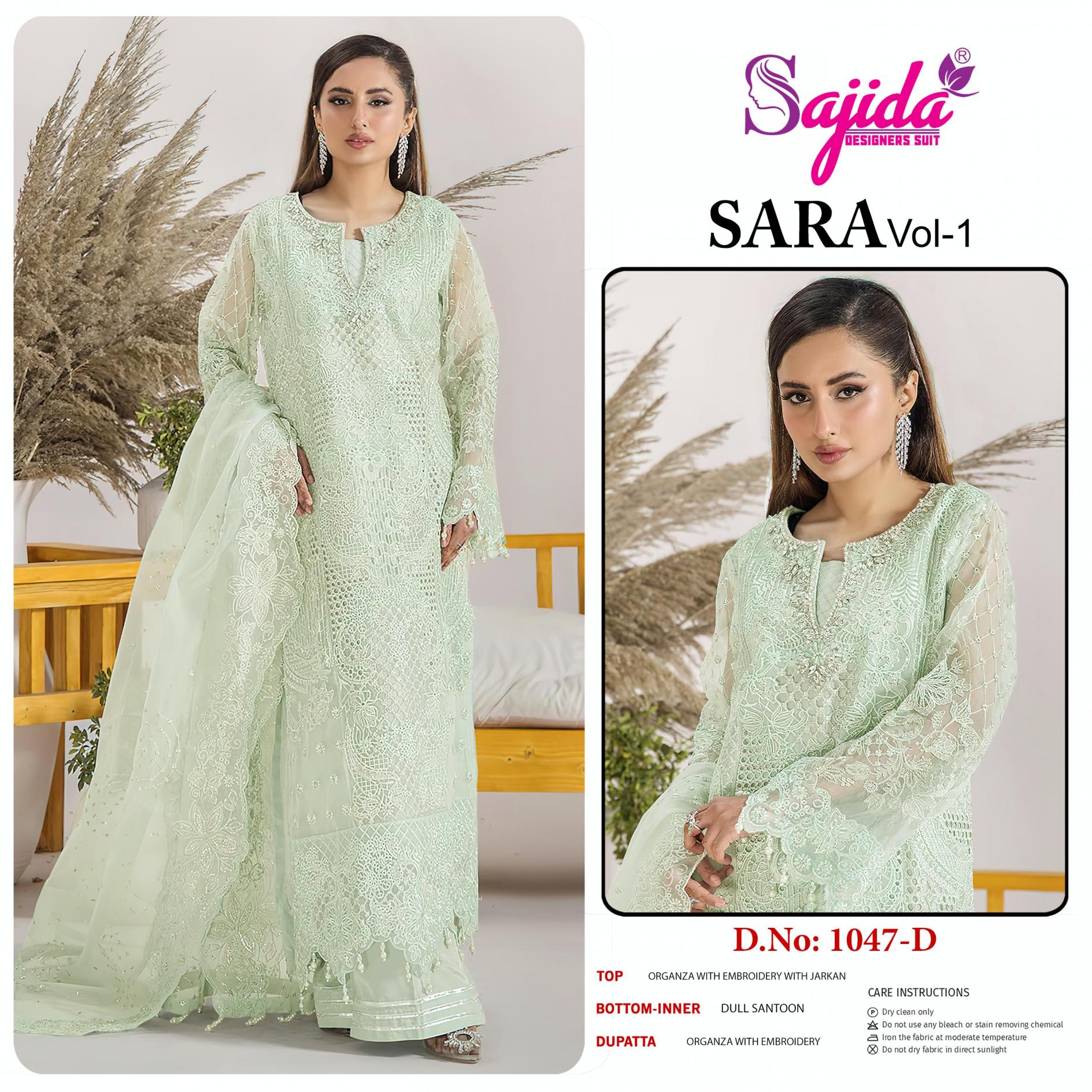 sara vol 1 by sajida designer 1047 readymade big size organza embroidered pakistani suits 