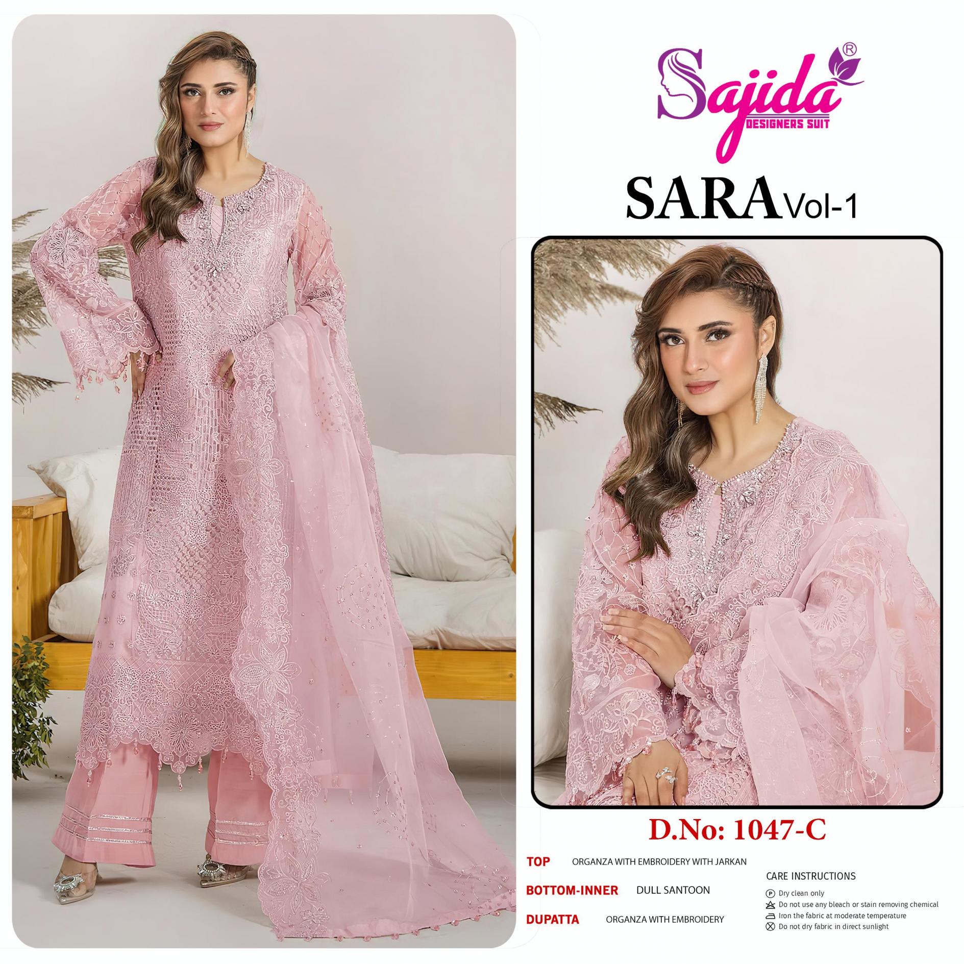 sara vol 1 by sajida designer 1047 readymade big size organza embroidered pakistani suits 