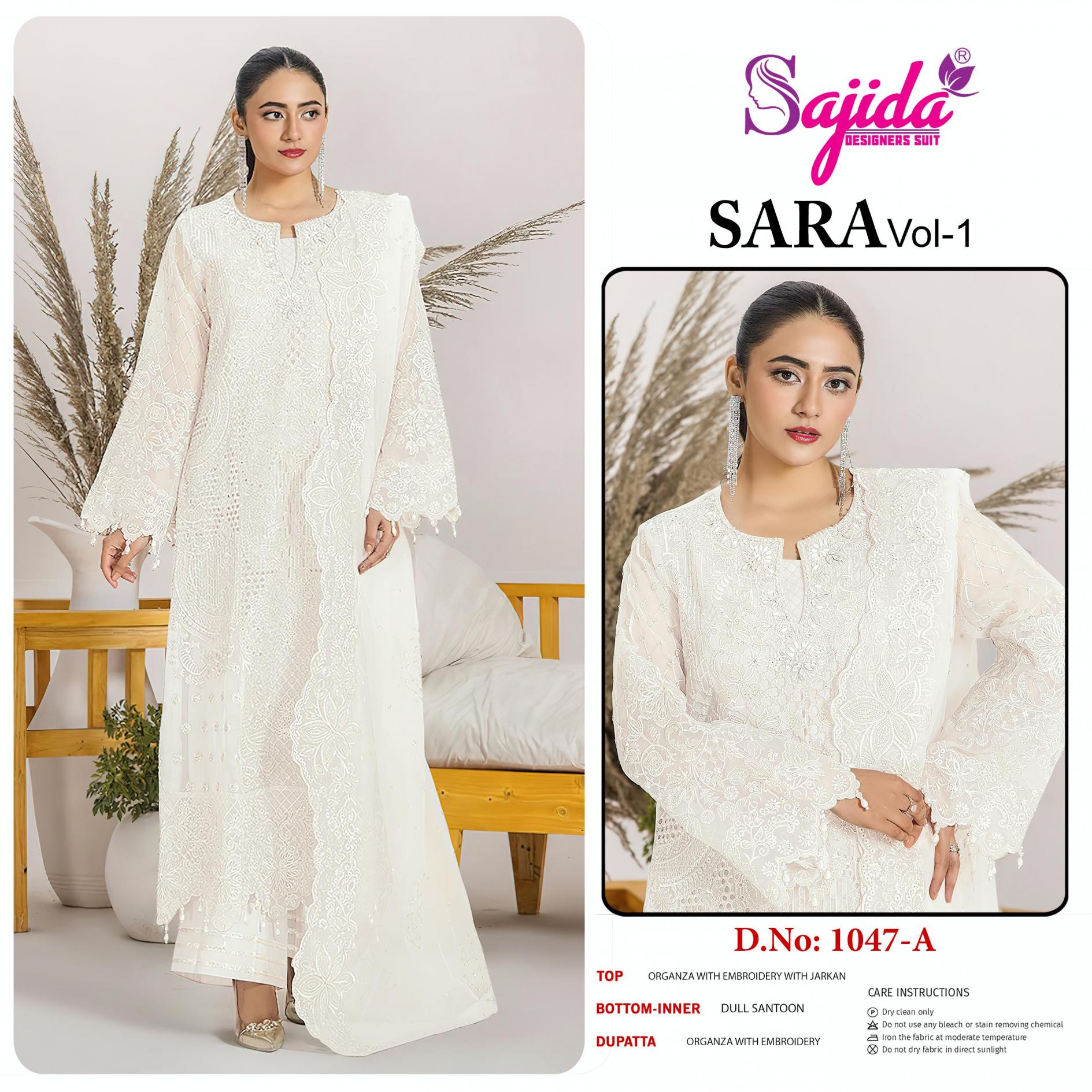 sara vol 1 by sajida designer 1047 readymade big size organza embroidered pakistani suits 