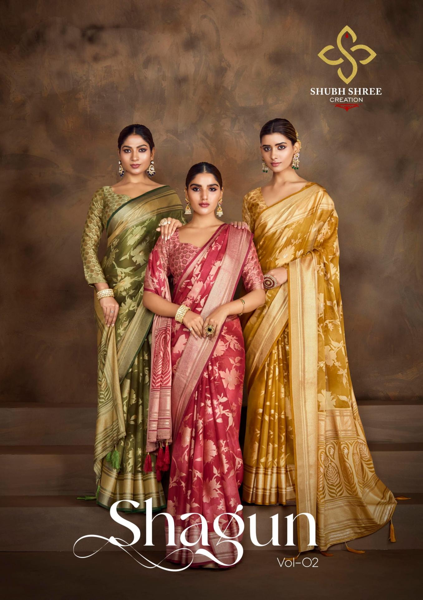 shagun vol 2 by shubh shree creation dull moss brasso shop trendy saree for womens  
