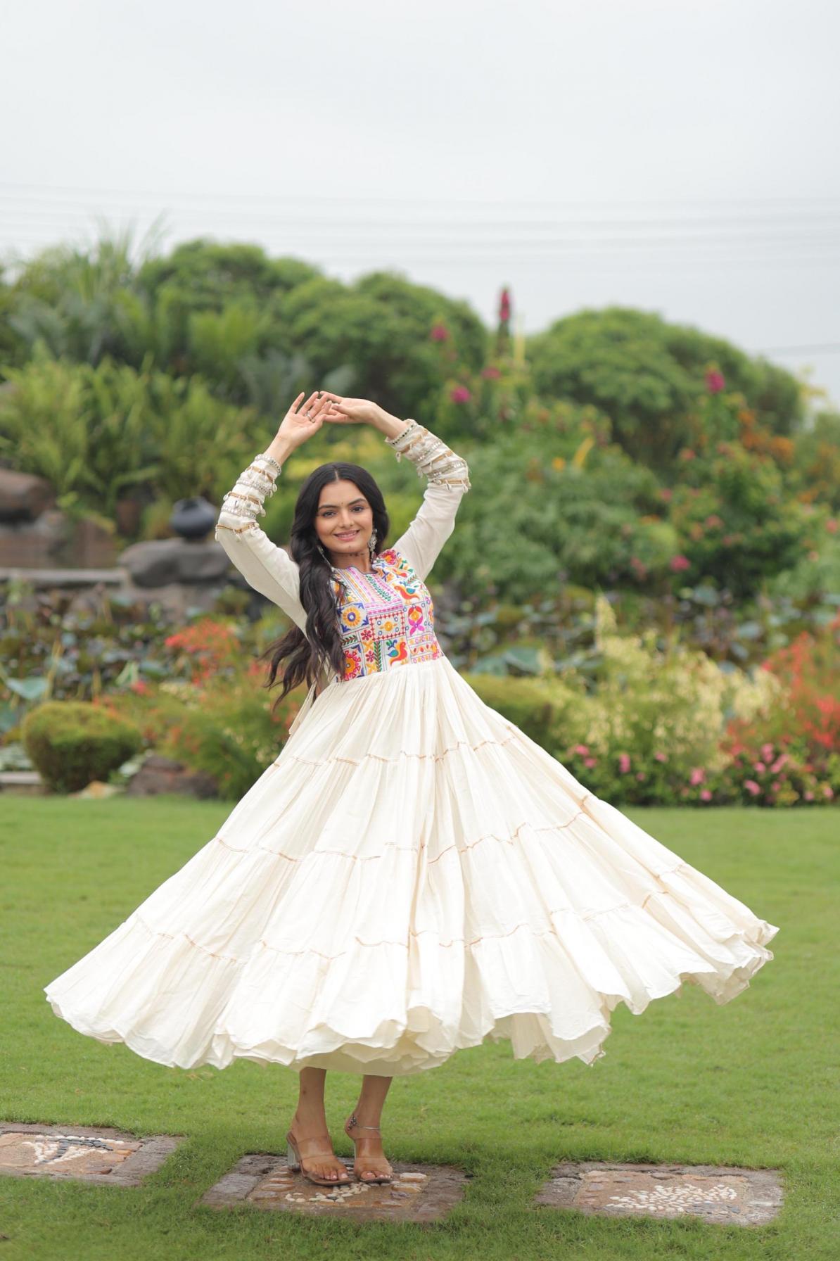 lw 9253 kora cotton thread work readymade navratri gowns for women 