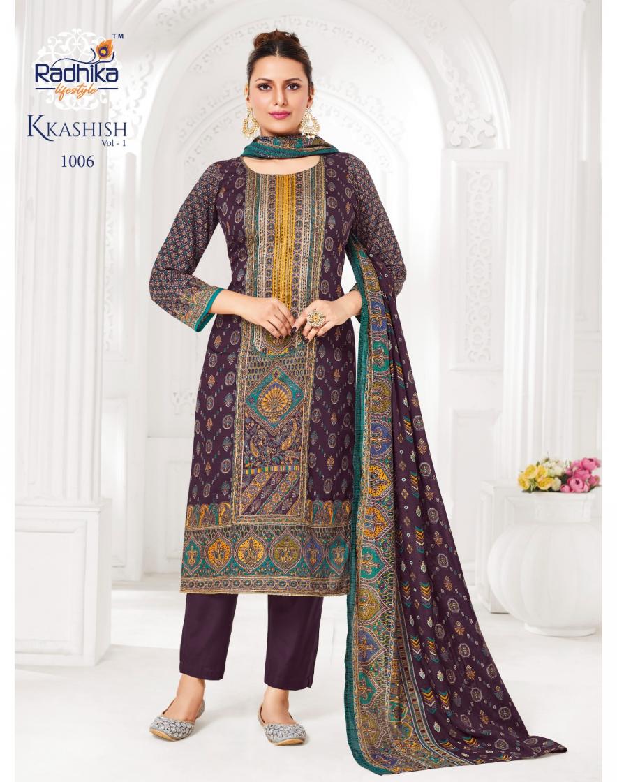 kkashish vol 1 by radhika lifestyle jam satin full stitch big size suit for womens