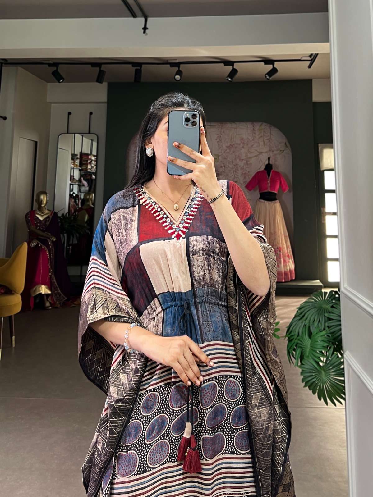 nnk3022 viscose zari border mirror work readymade kaftan kurtis 