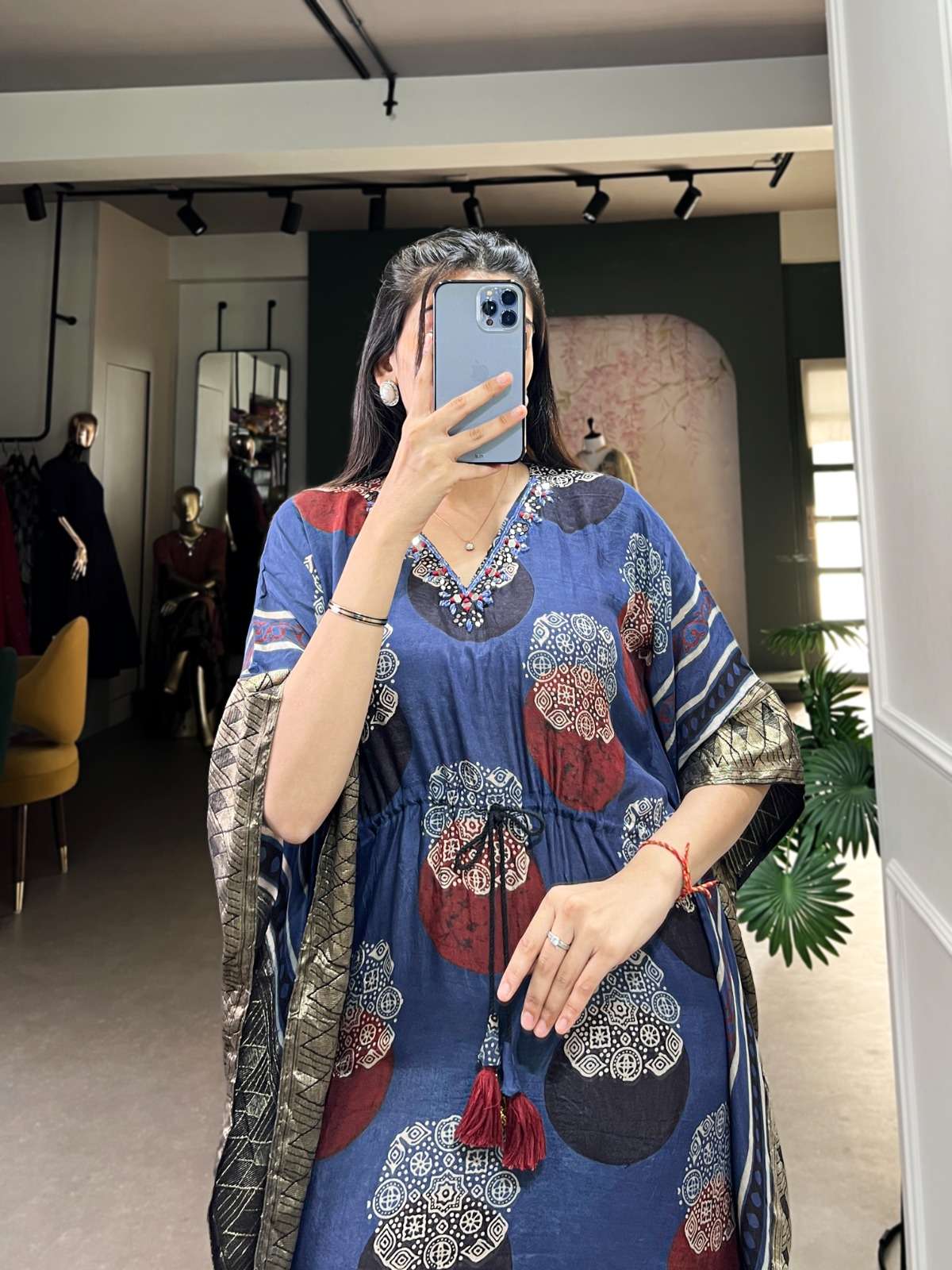 nnk3022 viscose zari border mirror work readymade kaftan kurtis 