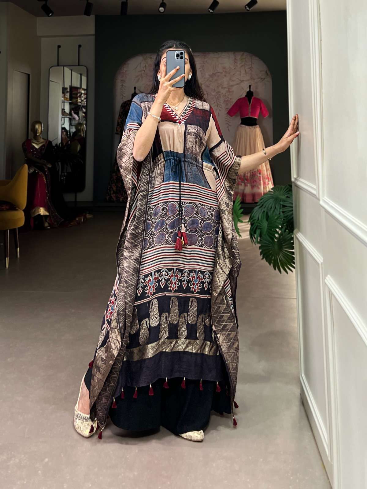 nnk3022 viscose zari border mirror work readymade kaftan kurtis 