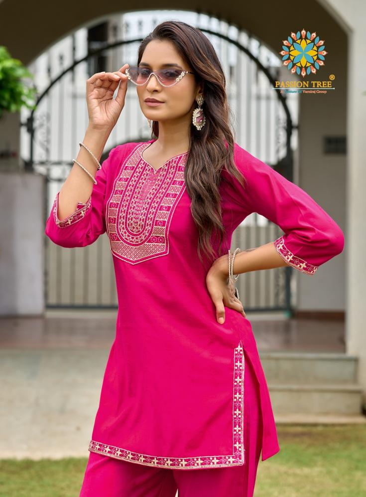 passion tree inaya vol 1 viscose silk fully stitch big size unique co-ord set for girls 