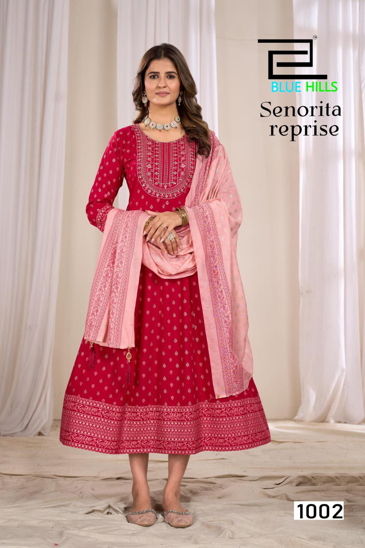 blue hills senorita reprise anarkali rayon fully stitch big size suit for womens